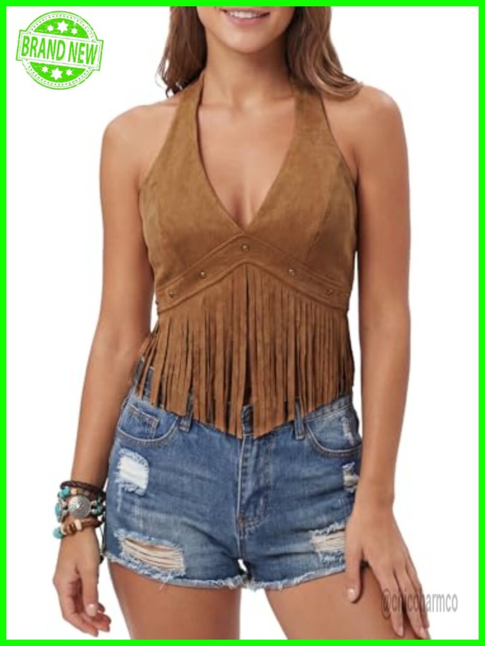 Faux Suede Fringe Halter Crop Top Lace Up Back Western Cowgirl Y2K
